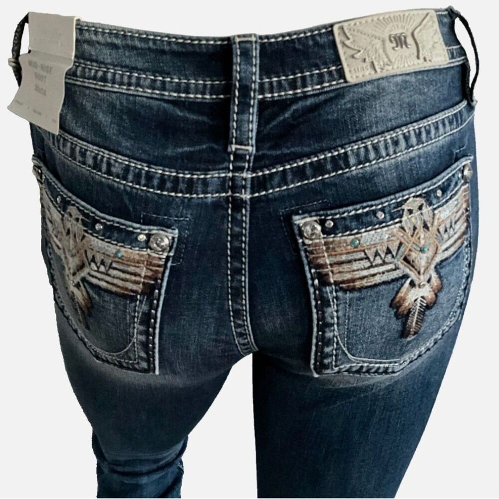 Miss Me Mid Rise Boot Cut Jeans Owl Graphic Embellished Western 30
